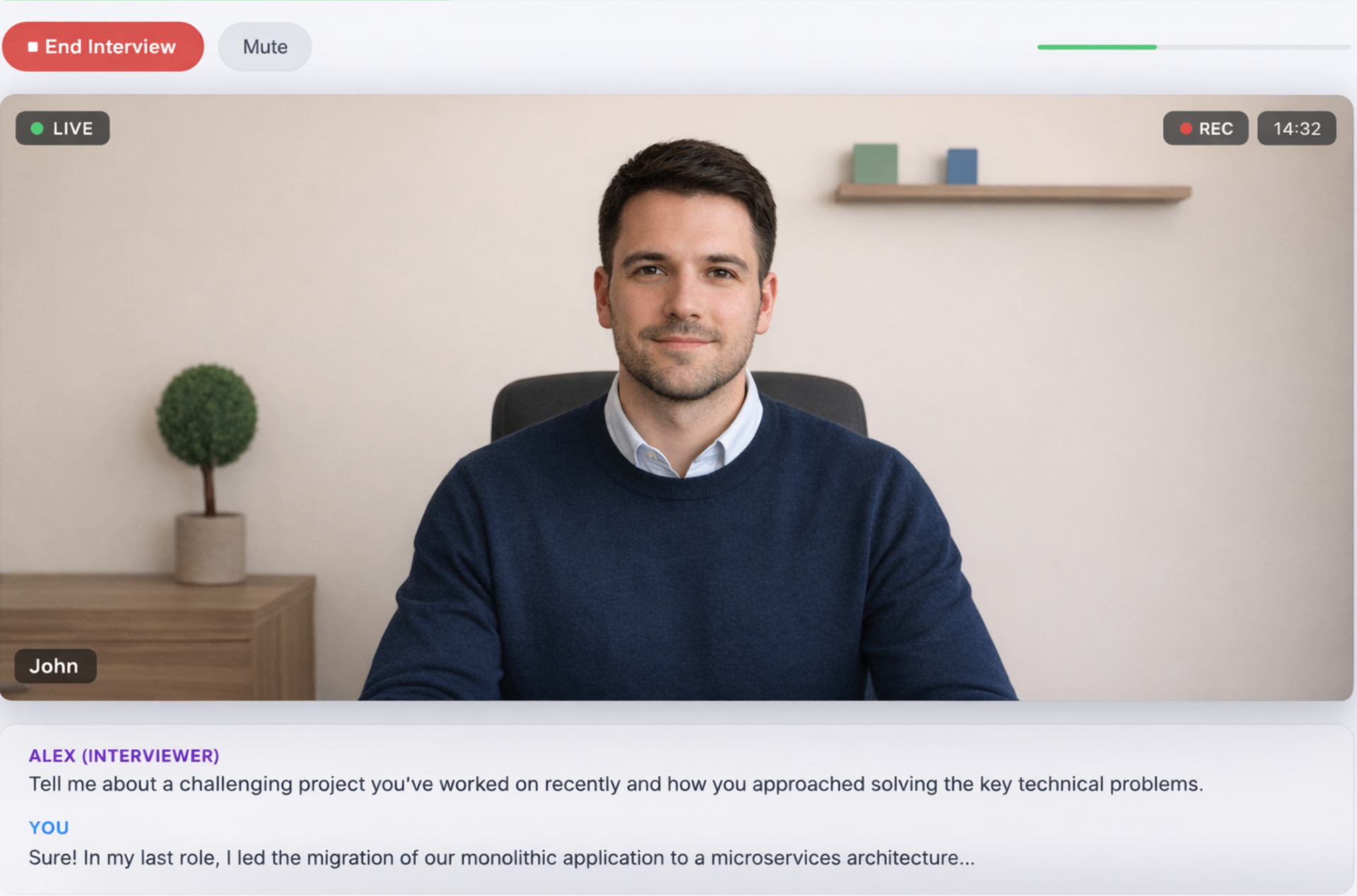 InterviewCandy live AI interview session showing candidate webcam feed with real-time captions and progress bar
