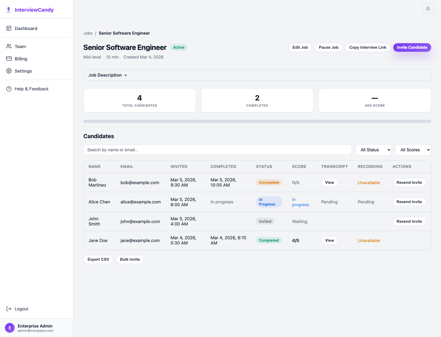 InterviewCandy candidate table showing interview statuses and candidate results