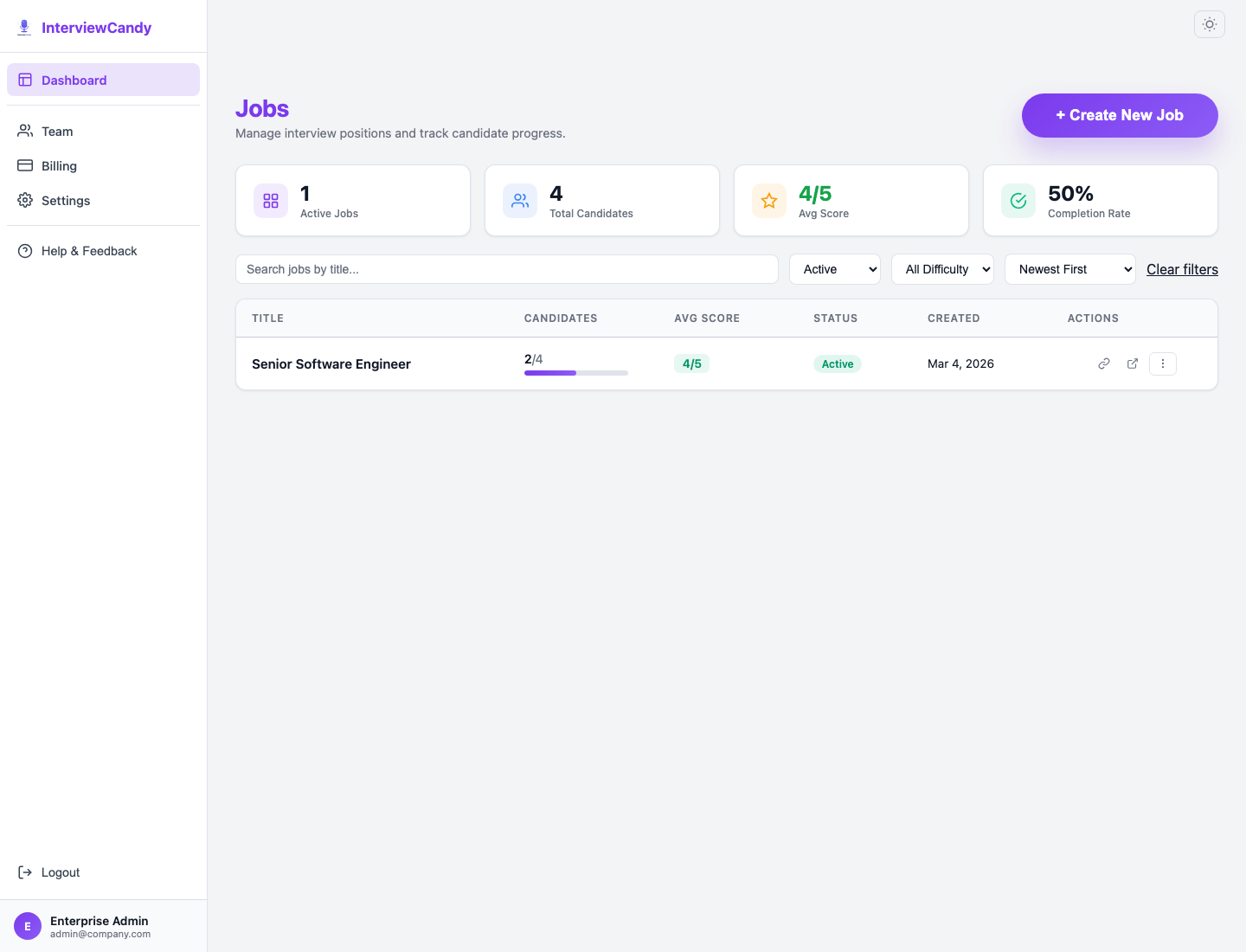 InterviewCandy recruiter dashboard showing jobs and hiring workflow metrics